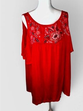 Embroidered Cold-Shoulder Red Women's Tunic